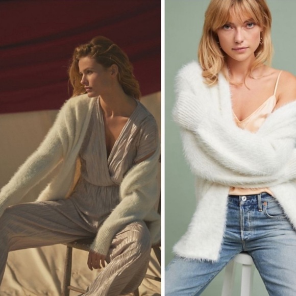 Anthropologie Sweaters - Anthropologie White Pocketed Eyelash Fuzzy Cozy Open Front Cardigan Size Small